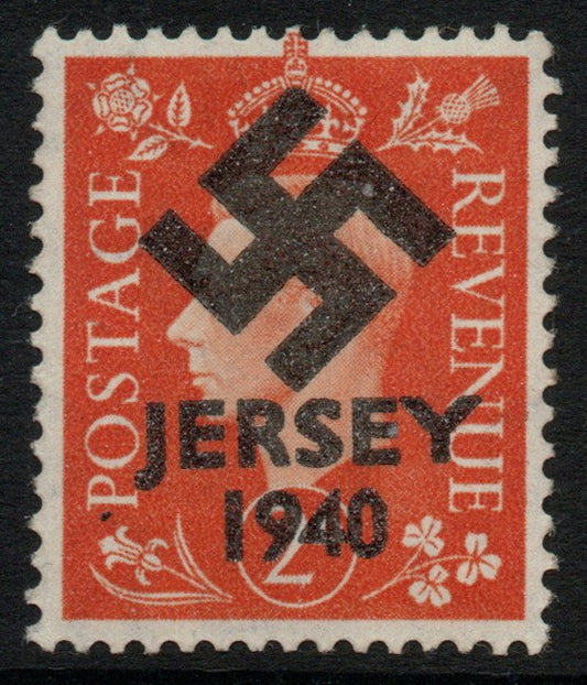 Jersey 1940 Swastika opt on Great Britain KG6 2d orange produced during the German Occupation but unissued due to local feelings. This is a copy of the overprint on a genuine stamp with forgery handstamped on the back, unmounted m……Details Below