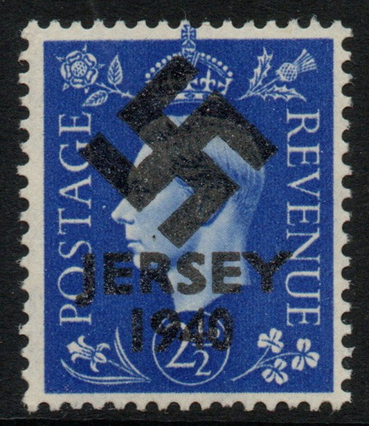 Jersey 1940 Swastika opt on Great Britain KG6 2.5d ultramarine produced during the German Occupation but unissued due to local feelings. This is a copy of the overprint on a genuine stamp with forgery handstamped on the back, unmo……Details Below