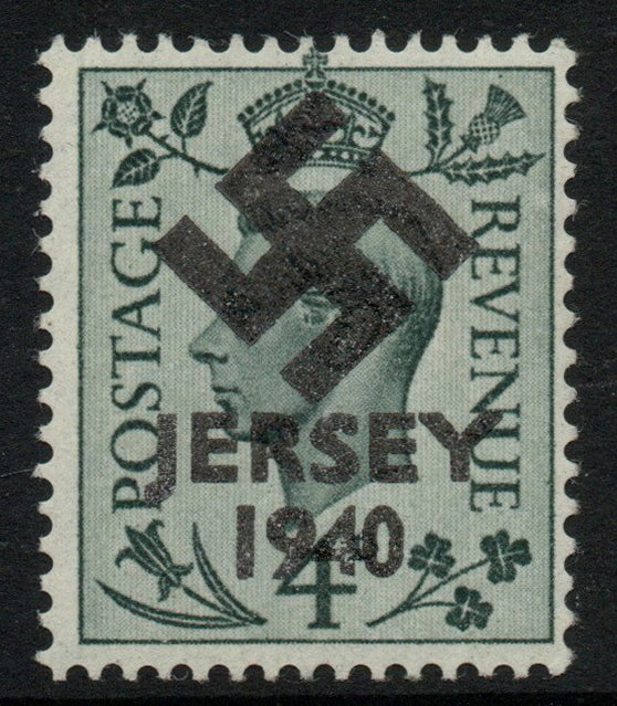 Jersey 1940 Swastika opt on Great Britain KG6 4d grey-green produced during the German Occupation but unissued due to local feelings. This is a copy of the overprint on a genuine stamp with forgery handstamped on the back, unmount……Details Below
