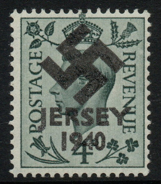 Jersey 1940 Swastika opt on Great Britain KG6 4d grey-green produced during the German Occupation but unissued due to local feelings. This is a copy of the overprint on a genuine stamp with forgery handstamped on the back, unmount……Details Below