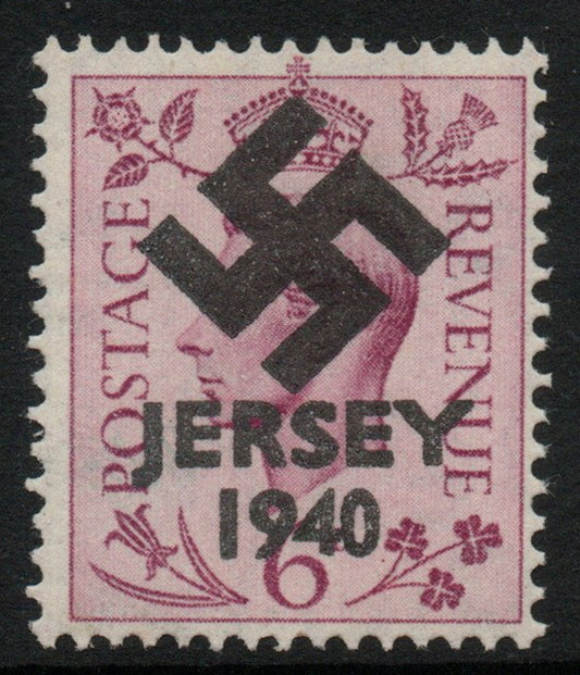 Jersey 1940 Swastika opt on Great Britain KG6 6d purple produced during the German Occupation but unissued due to local feelings. This is a copy of the overprint on a genuine stamp with forgery handstamped on the back, unmounted m……Details Below