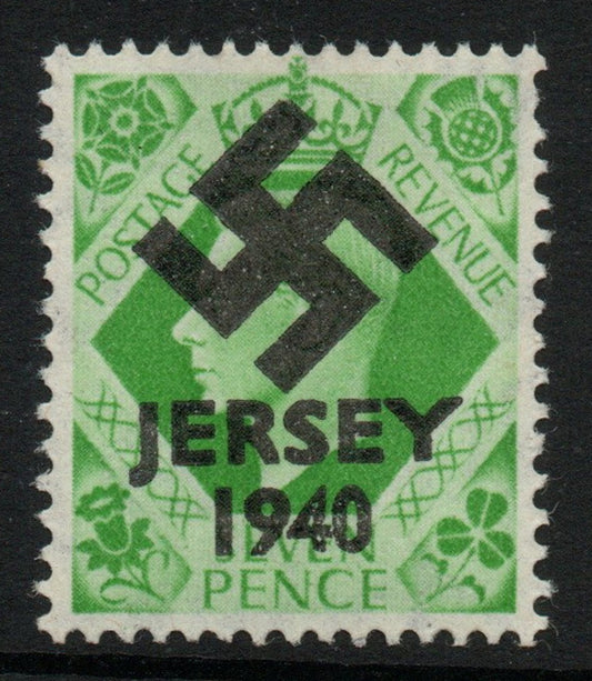 Jersey 1940 Swastika opt on Great Britain KG6 7d emerald-green produced during the German Occupation but unissued due to local feelings. This is a copy of the overprint on a genuine stamp with forgery handstamped on the back, unmo……Details Below