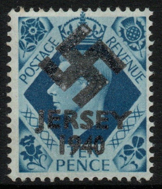 Jersey 1940 Swastika opt on GB GB Great Britain KG6 10d turquoise-blue produced during the German Occupation but unissued due to local feelings. This is a copy of the overprint on a genuine stamp with forgery handstamped on the ba……Details Below