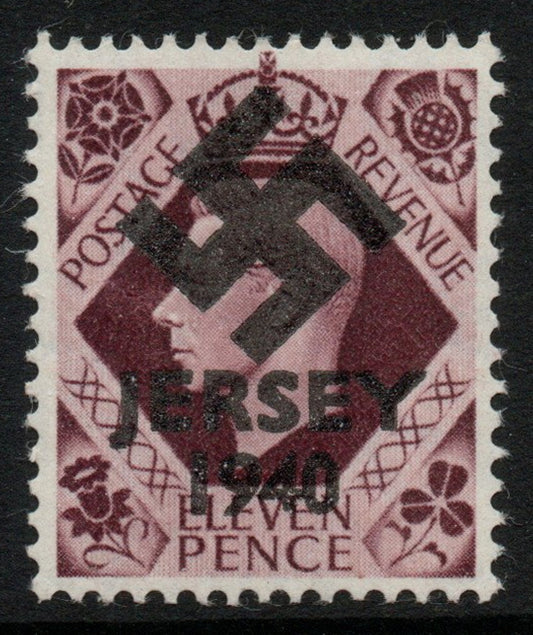Jersey 1940 Swastika opt on Great Britain KG6 11d plum - a copy of the overprint on a genuine stamp with forgery handstamped on the back, unmounted mint in presentation folder.,Note this value was not available in 1940 but is incl……Details Below