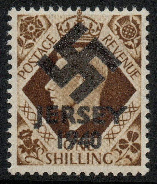 Jersey 1940 Swastika opt on GB GB Great Britain KG6 1s bistre-brown produced during the German Occupation but unissued due to local feelings. This is a copy of the overprint on a genuine stamp with forgery handstamped on the back,……Details Below