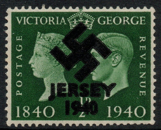 Jersey 1940 Swastika opt on Great Britain KG6 Centenary 1/2d produced during the German Occupation but unissued due to local feelings. This is a copy of the overprint on a genuine stamp with forgery handstamped on the back, unmoun……Details Below