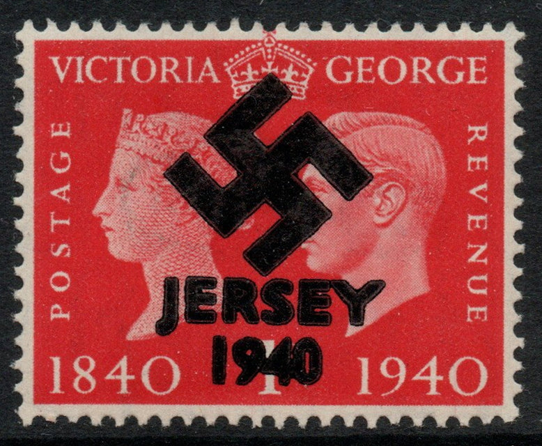 Jersey 1940 Swastika opt on GB Great Britain KG6 Centenary 1d - a copy of the overprint on a genuine stamp with forgery handstamped on the back,…Details Below