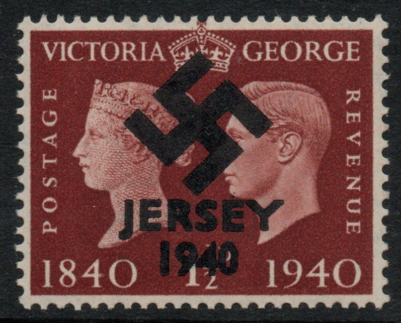 Jersey 1940 Swastika opt on Great Britain KG6 Centenary 1.5d produced during the German Occupation but unissued due to local feelings. This is a copy of the overprint on a genuine stamp with forgery handstamped on the back, unmoun……Details Below