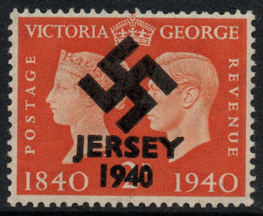 Jersey 1940 Swastika opt on GB GB Great Britain KG6 Centenary 2d produced during the German Occupation but unissued due to local feelings. This is a copy of the overprint on a genuine stamp with forgery handstamped on the back, on presentation card.