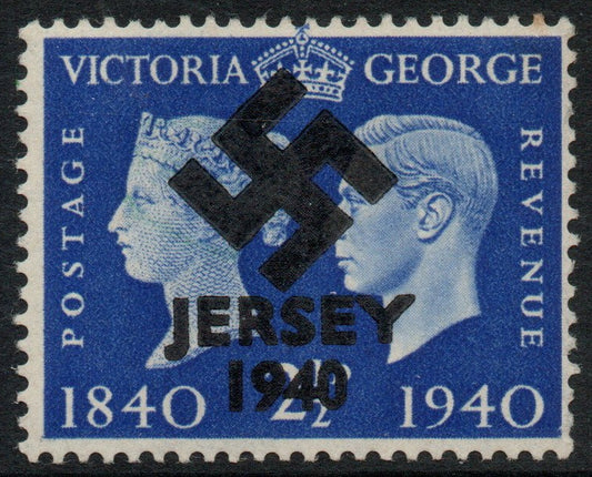 Jersey 1940 Swastika opt on Great Britain KG6 Centenary 2.5d produced during the German Occupation but unissued due to local feelings. This is a copy of the overprint on a genuine stamp with forgery handstamped on the back, unmoun……Details Below