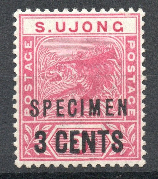 1894 Malaya Sungei Ujong Tiger 3c on 5c Rose OVPT SPECIMEN only 750 produced