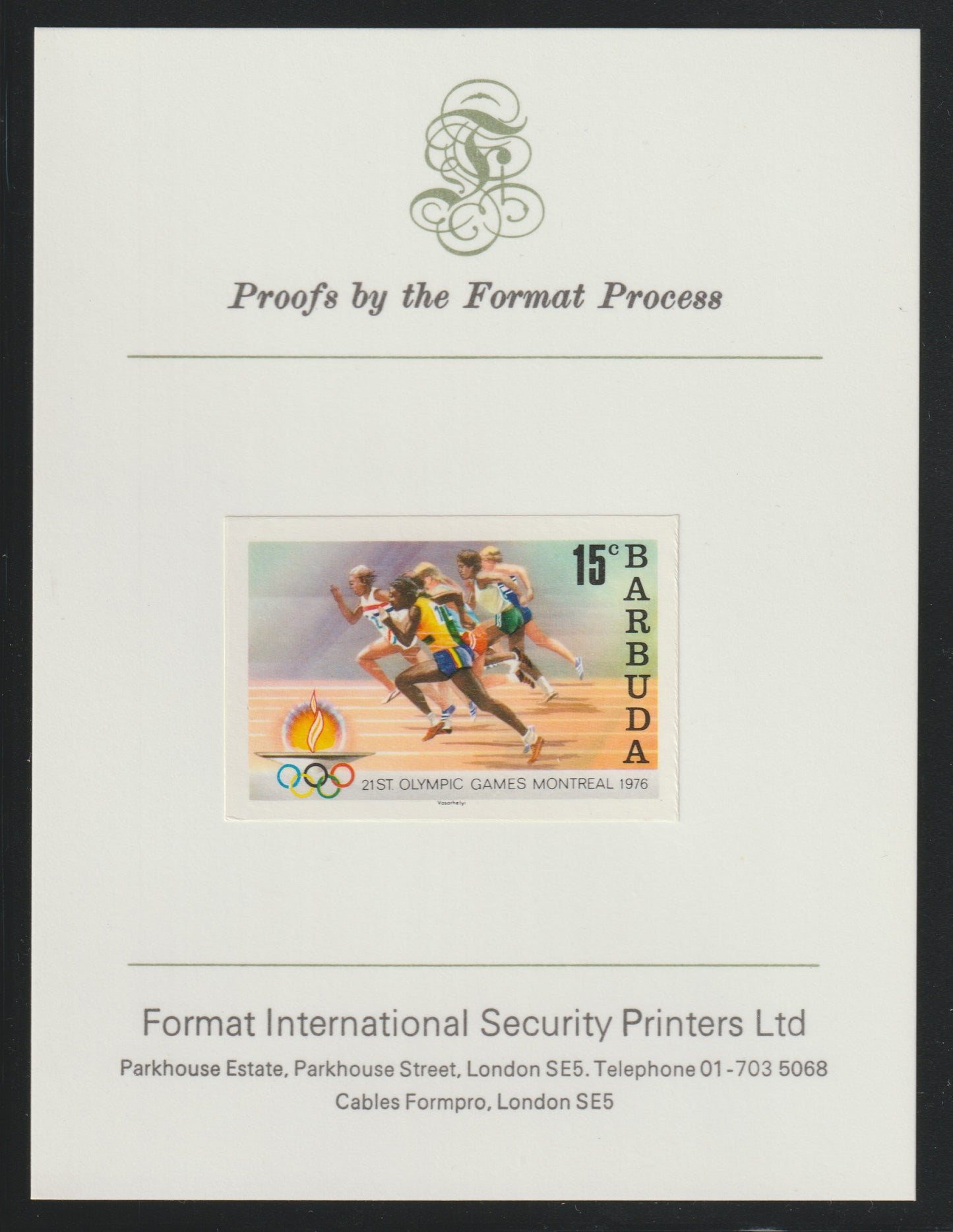Barbuda 1976 Montreal Olympic Games imperf proof of UNISSUED 15c (Running) stamp size in full colour mounted on Format Proof card(23852)