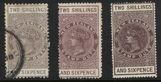 1882 New Zealand 3 x SGF 99 2/6d Brown Distinct Shades Long Fiscal stamps 