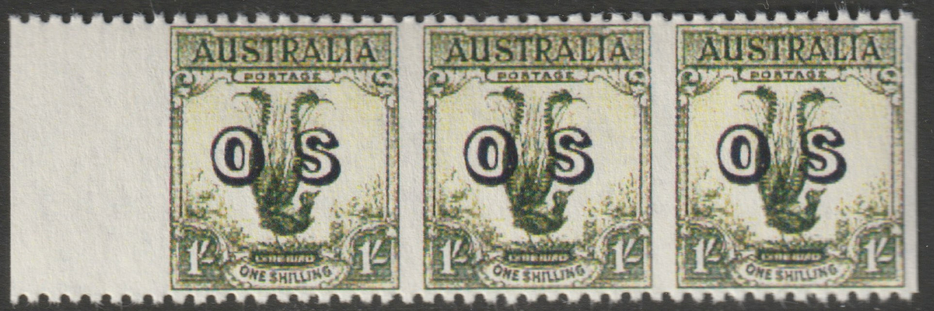 Australia 1932 Lyre Bird 1s opt'd OS horiz strip of 3 with vert perfs omitted being a 'Hialeah' forgery on gummed paper