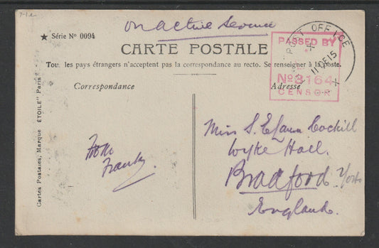 GB Great Britain 1915 KG5 OAS postcard FPO cancel addressed to Bradford with censor mark, fine