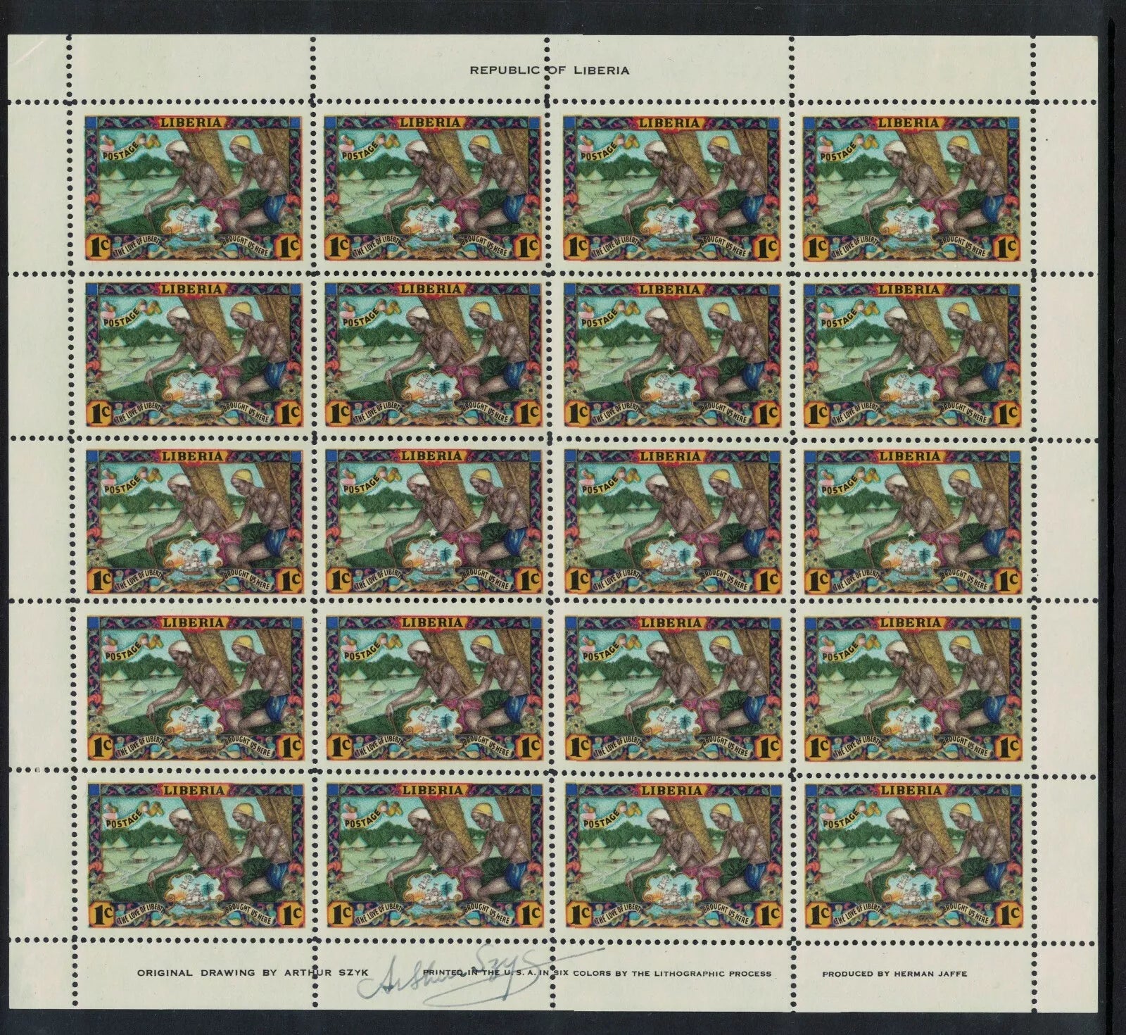1949 Liberia Colonisation Sheets of 20 all signed by Designer Arthur Szyk