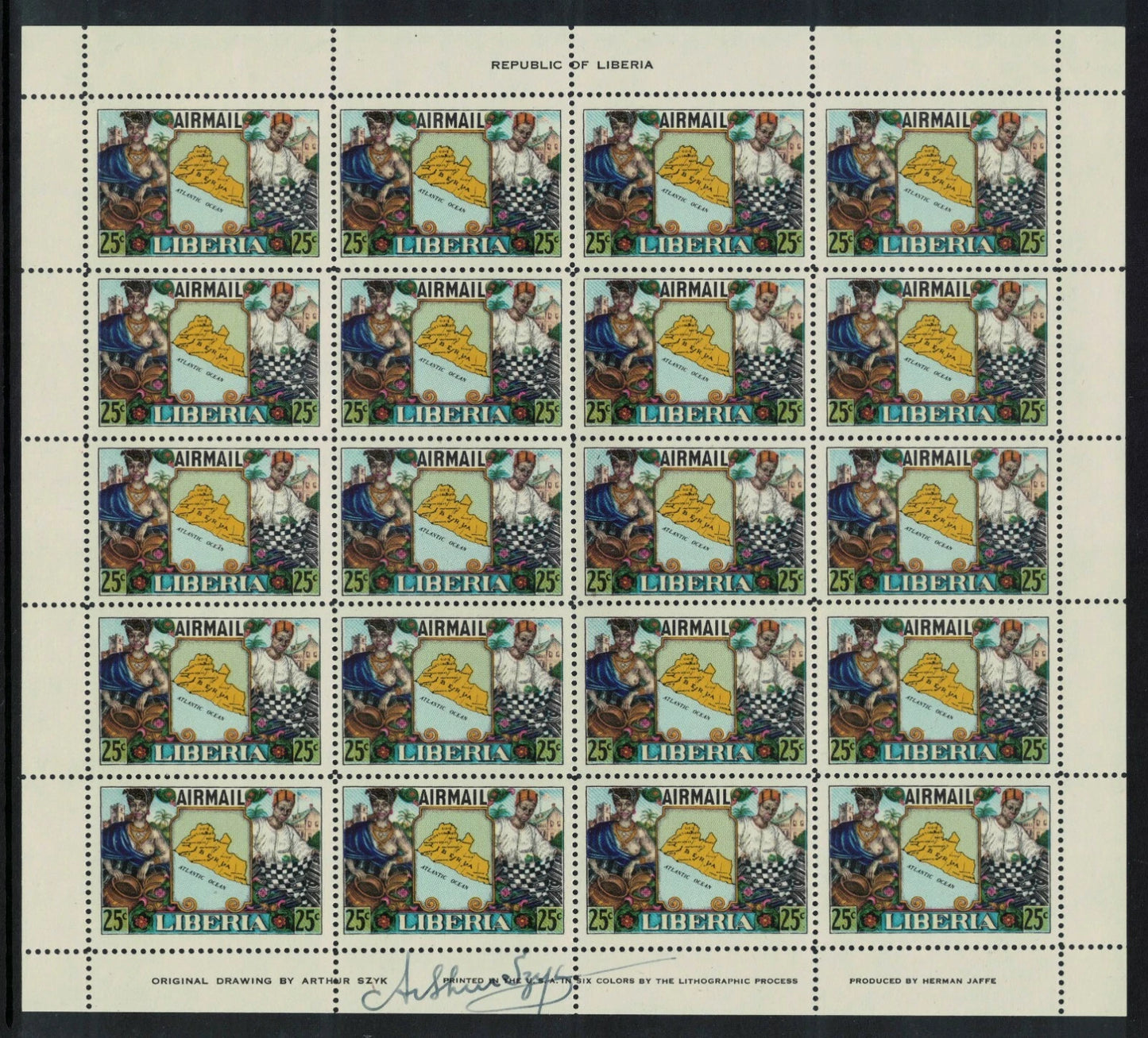 1949 Liberia Colonisation Sheets of 20 all signed by Designer Arthur Szyk Mounted in top margin (RW841)