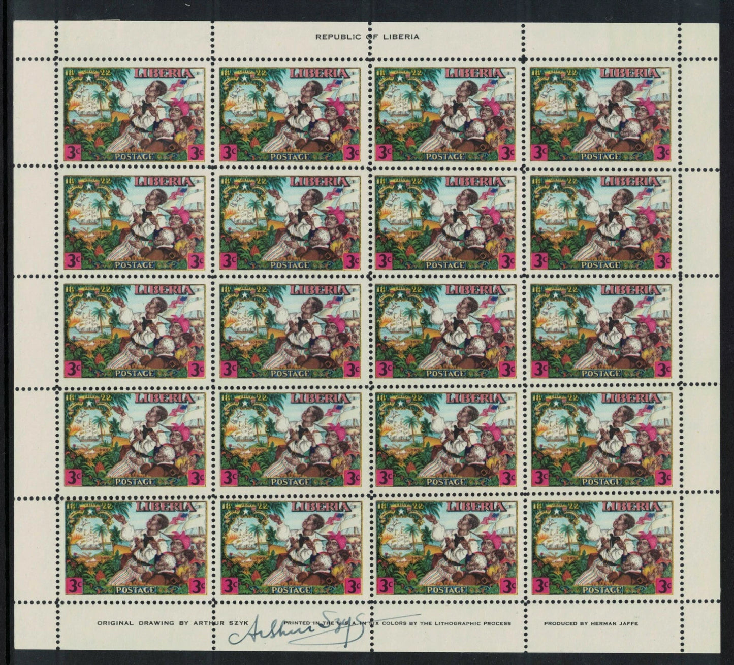 1949 Liberia Colonisation Sheets of 20 all signed by Designer Arthur Szyk Mounted in top margin (RW841)