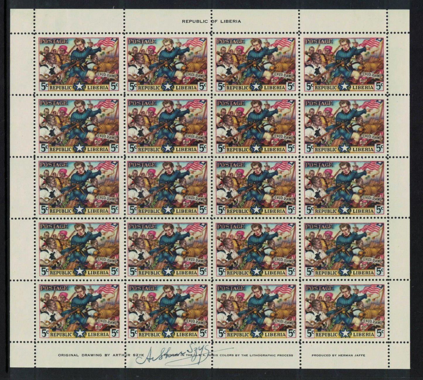 1949 Liberia Colonisation Sheets of 20 all signed by Designer Arthur Szyk Mounted in top margin (RW841)