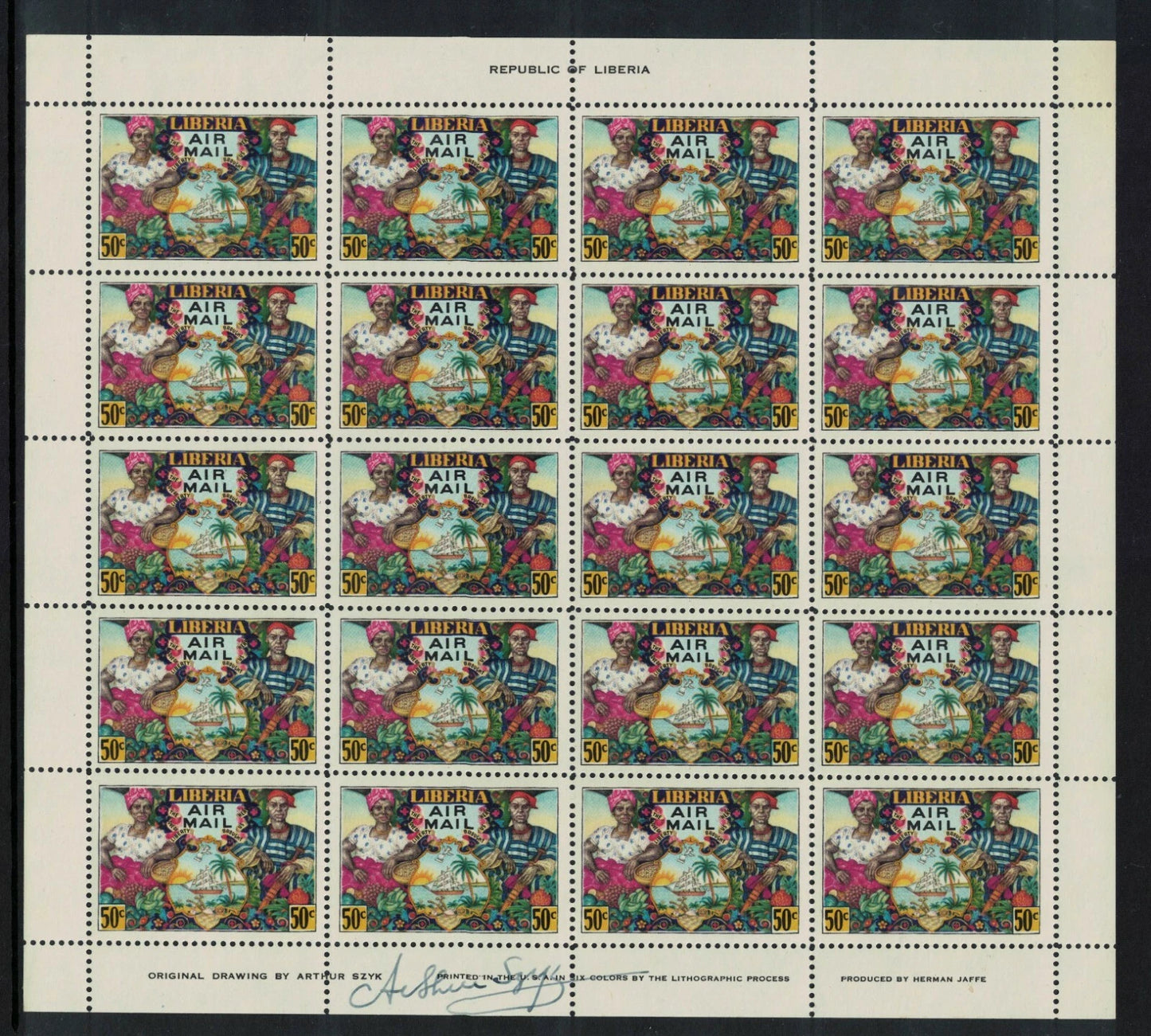 1949 Liberia Colonisation Sheets of 20 all signed by Designer Arthur Szyk Mounted in top margin (RW841)