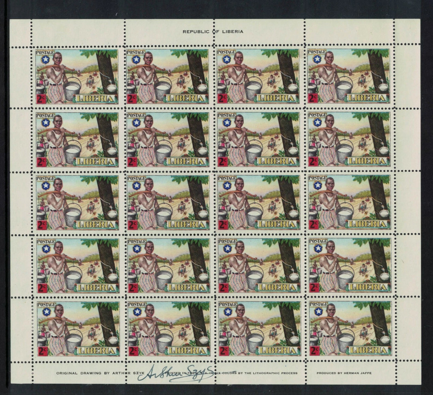 1949 Liberia Colonisation Sheets of 20 all signed by Designer Arthur Szyk Mounted in top margin (RW841)