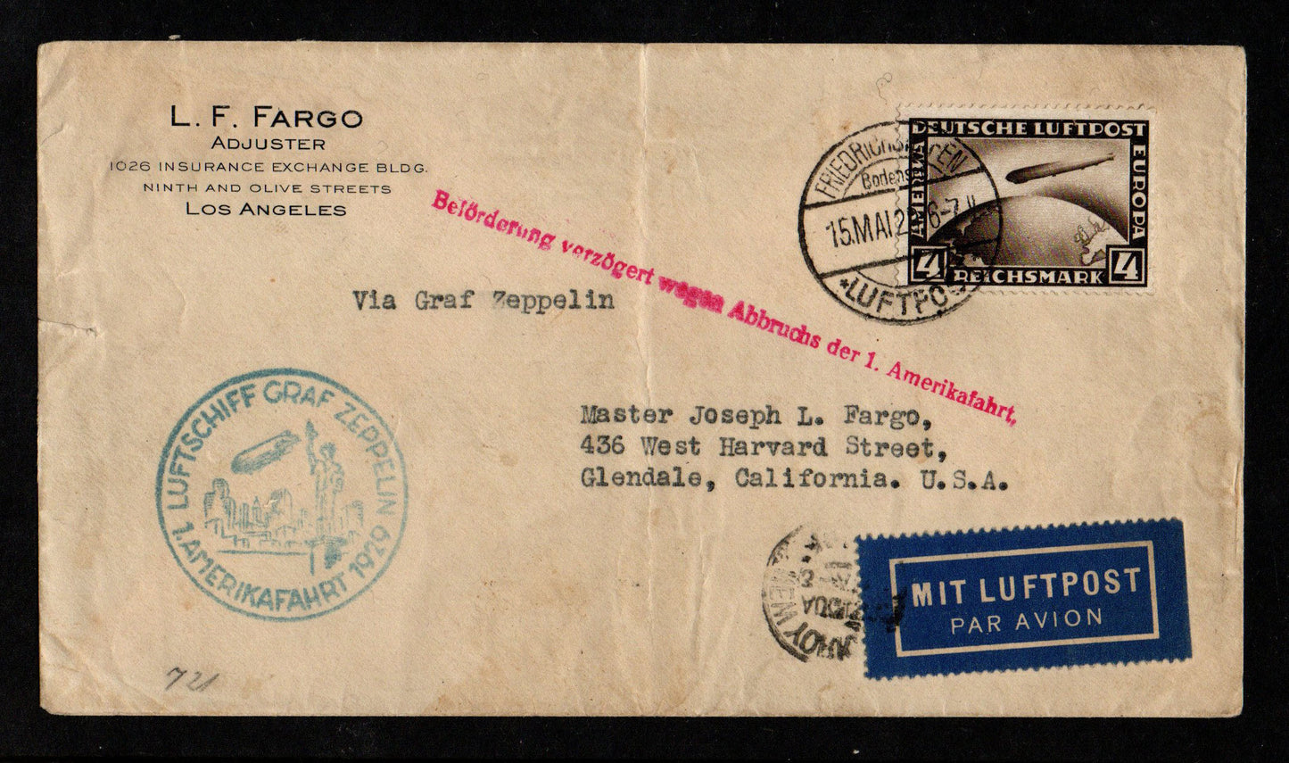 1929 Zeppelin 2nd Flight Cover. Flight delayed due to first flight being abandoned