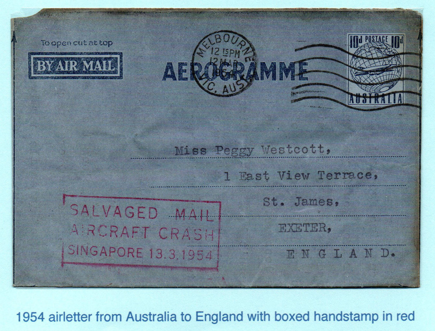 1954 Crash Mail BOAC Lockheed L-749A Melbourne- Exeter with "Salvaged Mail" Cachet