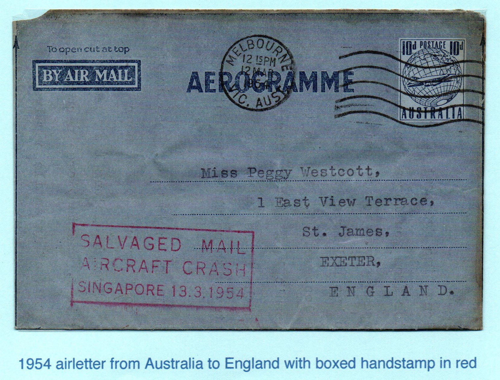 1954 Crash Mail BOAC Lockheed L-749A Melbourne- Exeter with "Salvaged Mail" Cachet