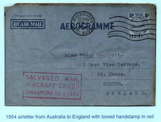 1954 Crash Mail BOAC Lockheed L-749A Melbourne- Exeter with "Salvaged Mail" Cachet