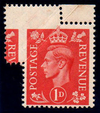 GB KGVI SG486 1d Pale Scarlet Corner Fold error resulting in 6 sided and partially imperf stamp