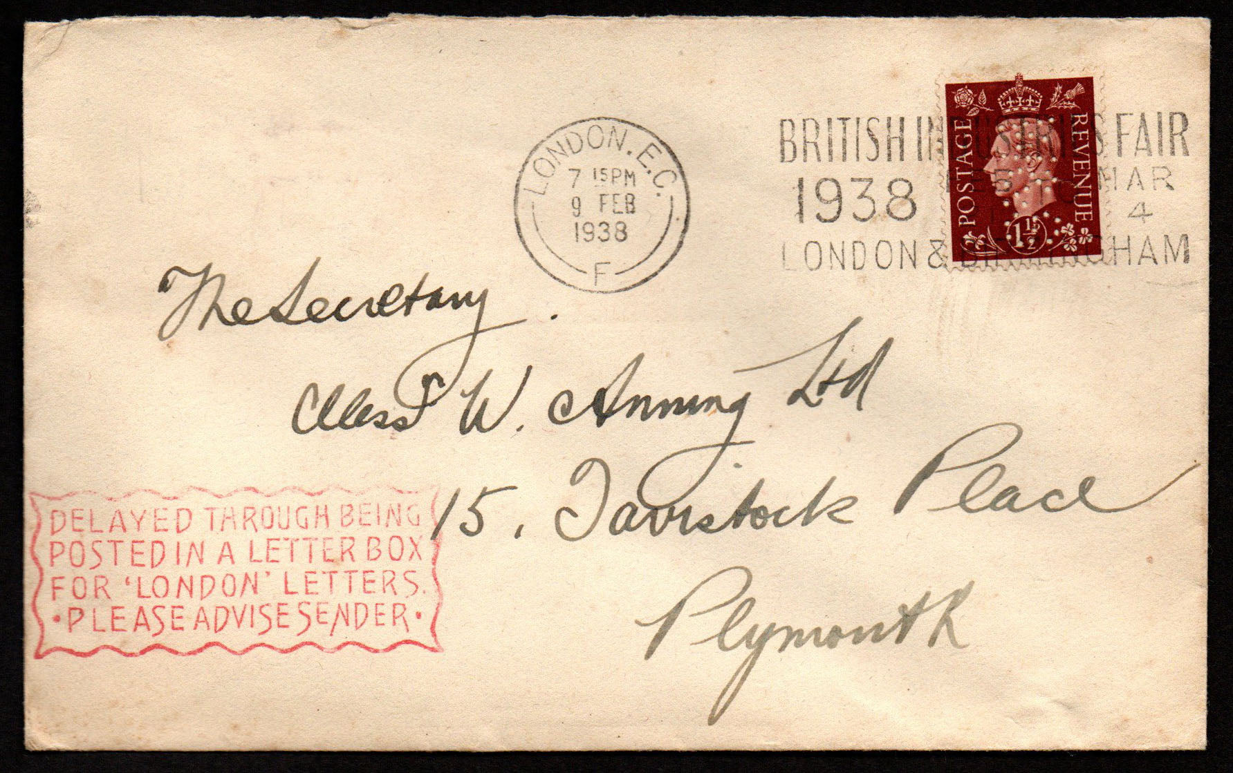1938 GB Cover to Plymouth bearing 1½d perfin "Delayed through posting in wrong letter box"  (948)