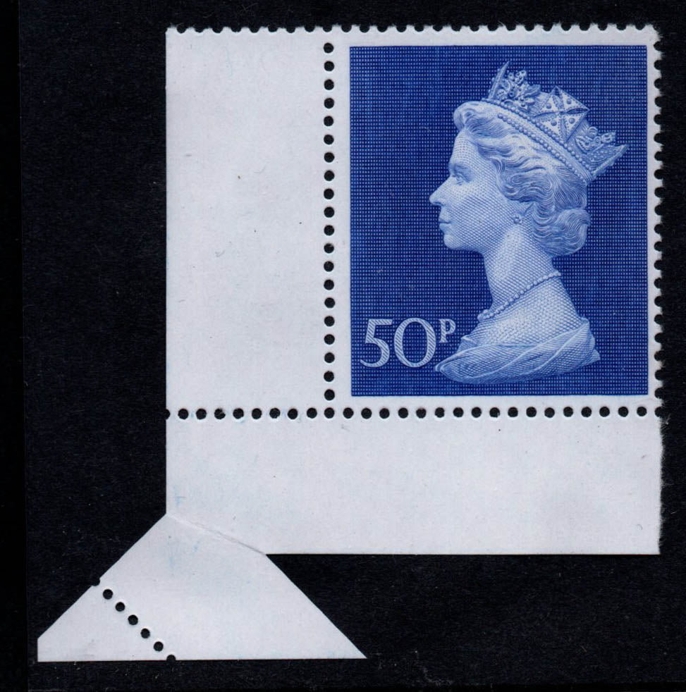 1972 GB Large Format Machin SG831 50p Ultramarine Paper Fold then Perf'd leaving large margin attached U/M