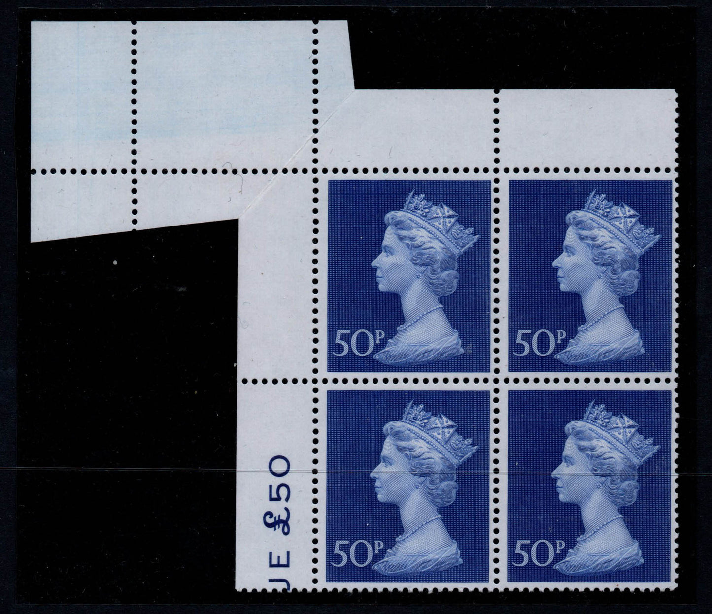 1972 GB Large Format Machin SG831 50p Ultramarine Paper Fold resulting in large Margin U/M (A018)