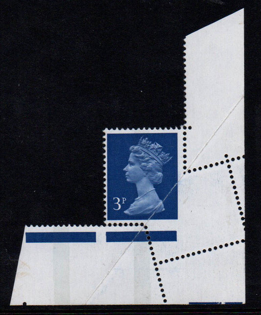 1973 GB SG856 3p Ultramarine Large Part Imperf due to corner fold U/M