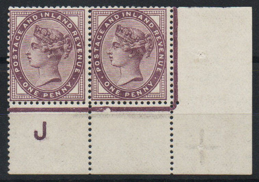 GB 1881 1d Lilac 16 Dots Corner Pair, Control J Chipped Jubilee Line . Very Lightly M/M, could be U/M