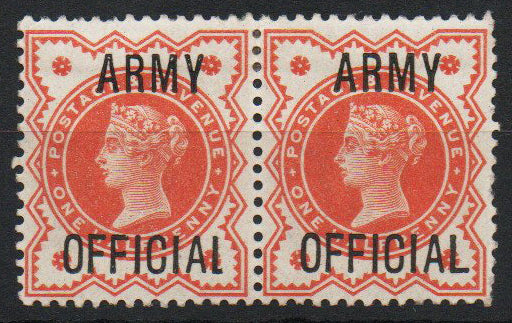 GB 1896 QV ½d Vermilion OVPT ARMY OFFICIAL Horiz Pair, one showing Short Leg to L variety. Seldom seen as a pair. Old Hinge on rear.