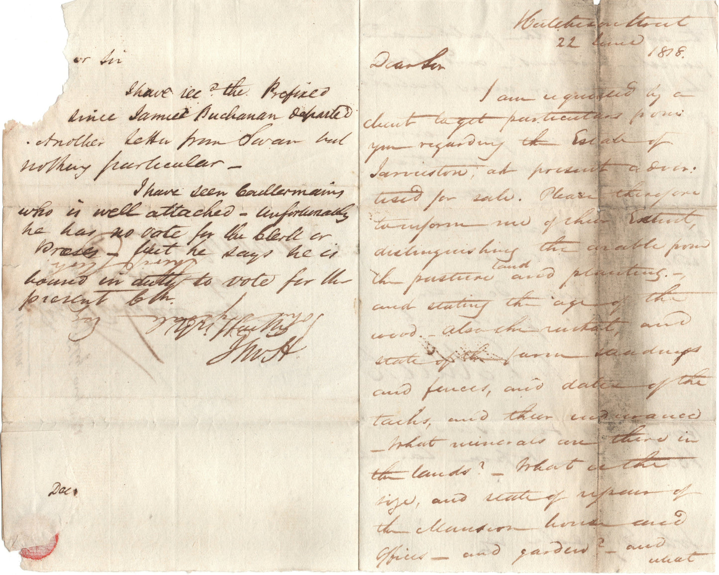 GB 1838 Entire Glasgow-Holytown (near Motherwell) Clear Glasgow and "Additional ½d (To Pay)" handstamps. Annotated 4d Rate.  (AK33)