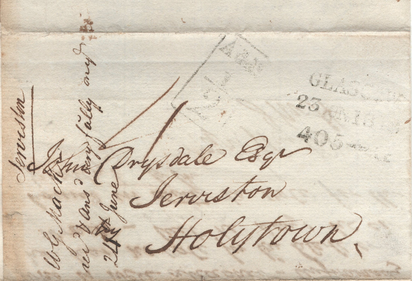 GB 1838 Entire Glasgow-Holytown (near Motherwell) Clear Glasgow and "Additional ½d (To Pay)" handstamps. Annotated 4d Rate.