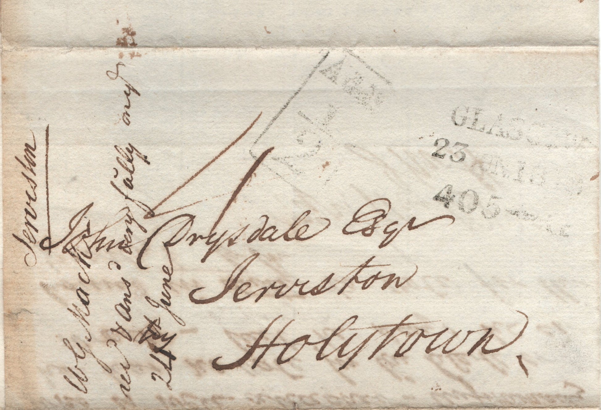 GB 1838 Entire Glasgow-Holytown (near Motherwell) Clear Glasgow and "Additional ½d (To Pay)" handstamps. Annotated 4d Rate.