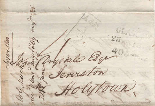 GB 1838 Entire Glasgow-Holytown (near Motherwell) Clear Glasgow and "Additional ½d (To Pay)" handstamps. Annotated 4d Rate.