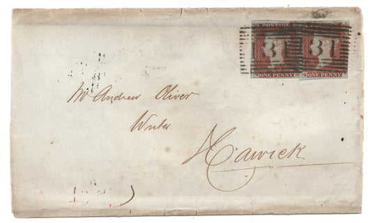 GB 1844 Wrapper bearing  2 x 1d reds (QH-QI) (Plate unidentified). Cancelled with Aberdeen barred obliterator.