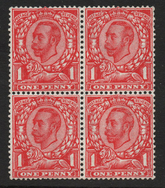 1912 GB KGV SG350a No Cross on Crown, see bottom left. Block of 4 U/M