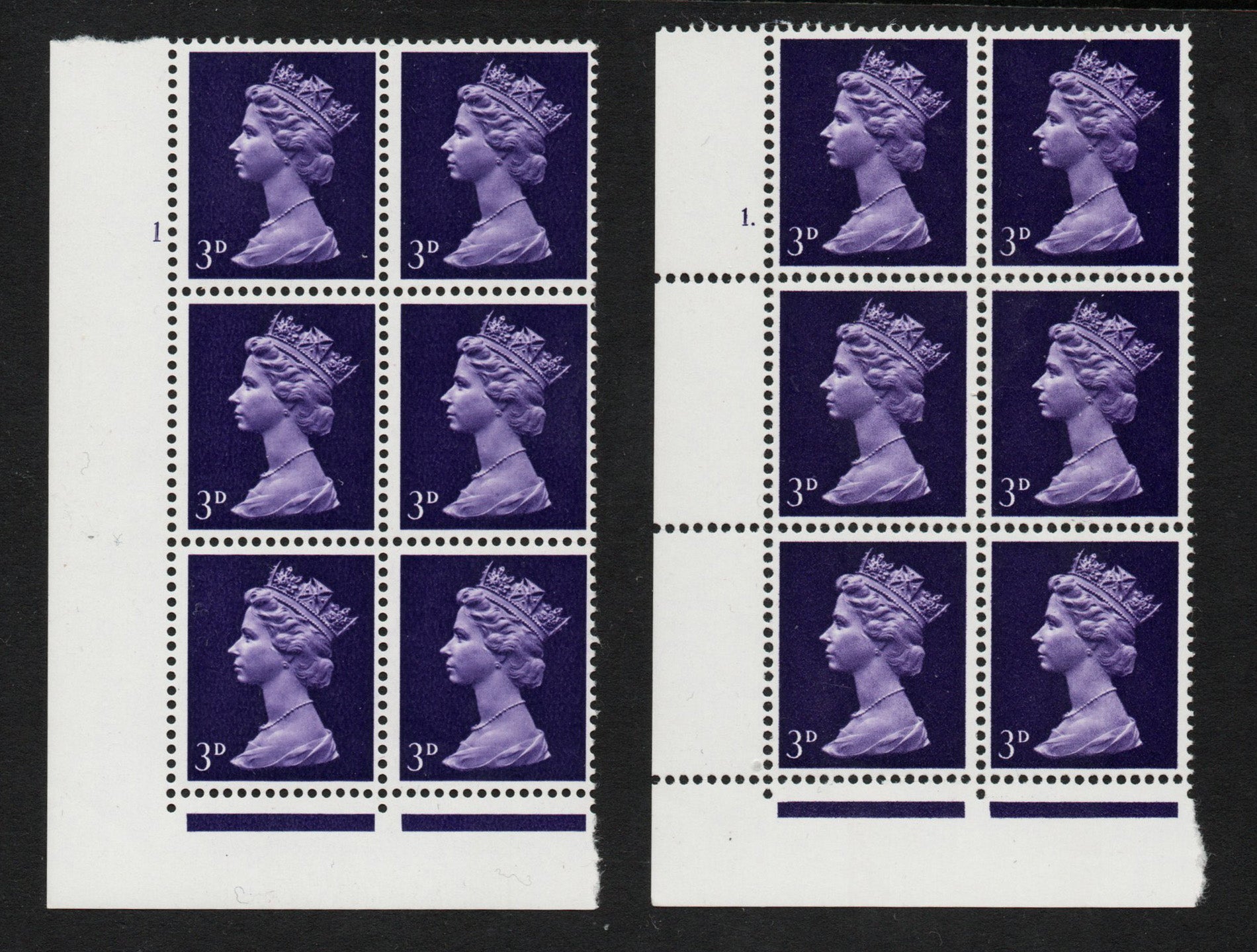 1967 GB QEII SG729 3d Violet 1 CB Cyl 1 no dot & dot Block of 6 U/M  (