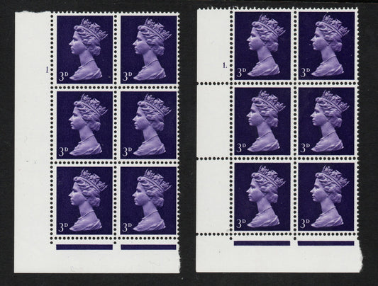 1967 GB QEII SG729 3d Violet 1 CB Cyl 1 no dot & dot Block of 6 U/M  (