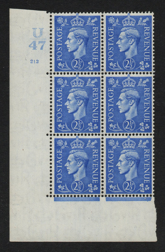 1941 GB KGVI SG489 2½d Lt Ultra Cyl 212 no dot Ctrl U/47 Block of 6 U/M  (AL22)