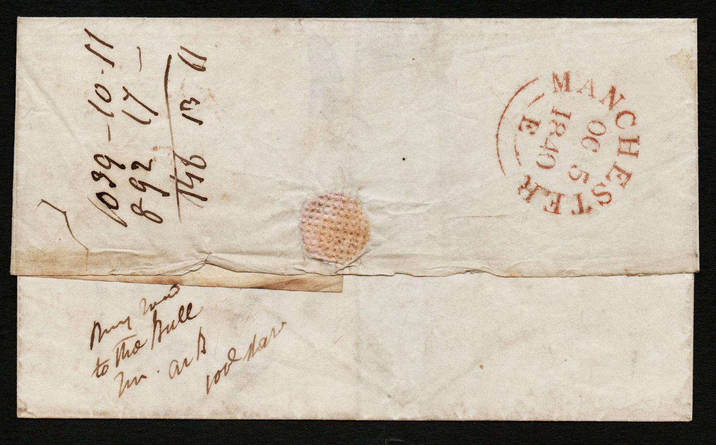 GB QV 5th Oct 1840 Penny Black SG2 Plate 4 AS23 Q - I 4 Margins Light Red M/C on Wrapper to Bury. Single Line Address. Clear Manchester Date Stamp (AM1058)