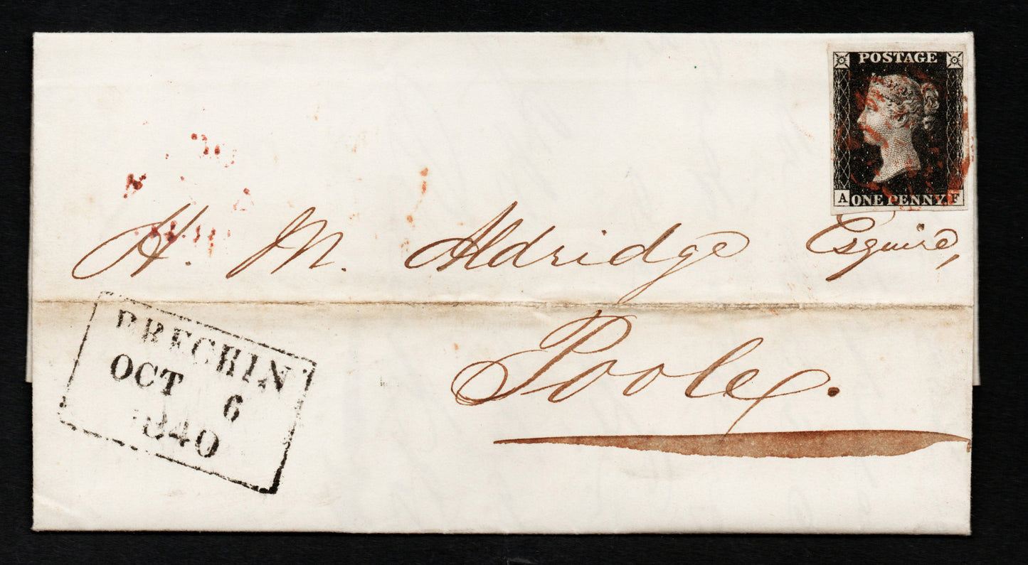 GB QV 6th Oct 1840 Penny Black SG1 Plate 6 AS4. A - F.&nbsp; Light Red M/C on Wrapper to Poole, Dorset. Single Line Address. Good even margins. Clear Square Brechin Date Stamp