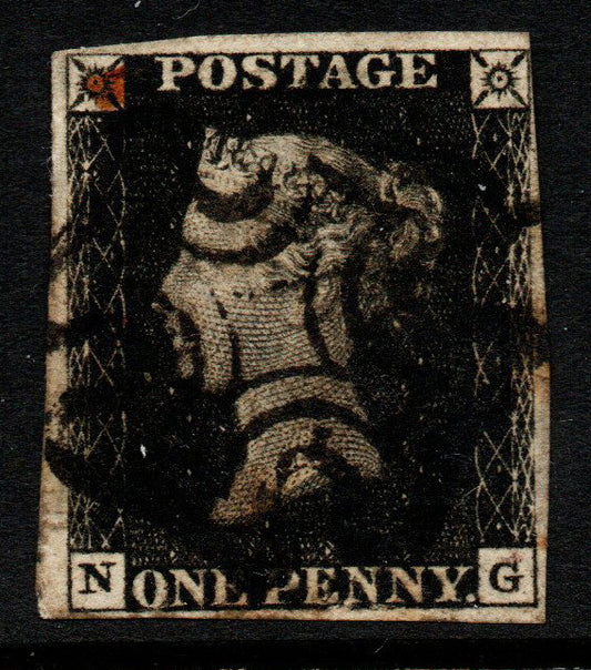 GB QV SG2 Plate 8 AS49 Penny Black. M/C. N - G. 3½ Margins. Red & Black cancels. Re-Used? "O" Flaw Stage 1. NE Ray Flaw.