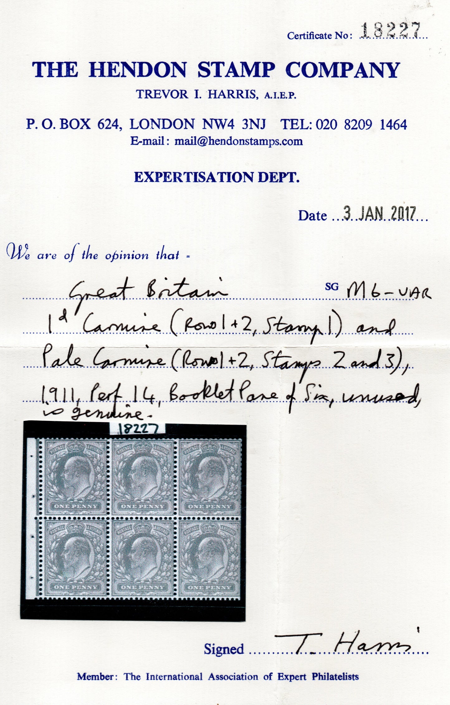 GB Edward VII SG272 Spec M6 Var UNLISTED 1d Carmine. Details below (AM1101)