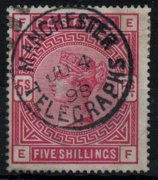 GB  1883 QV SG180 5/- Rose Wmk Anchor E-F, Telegraphs Cancellation (AM1220)